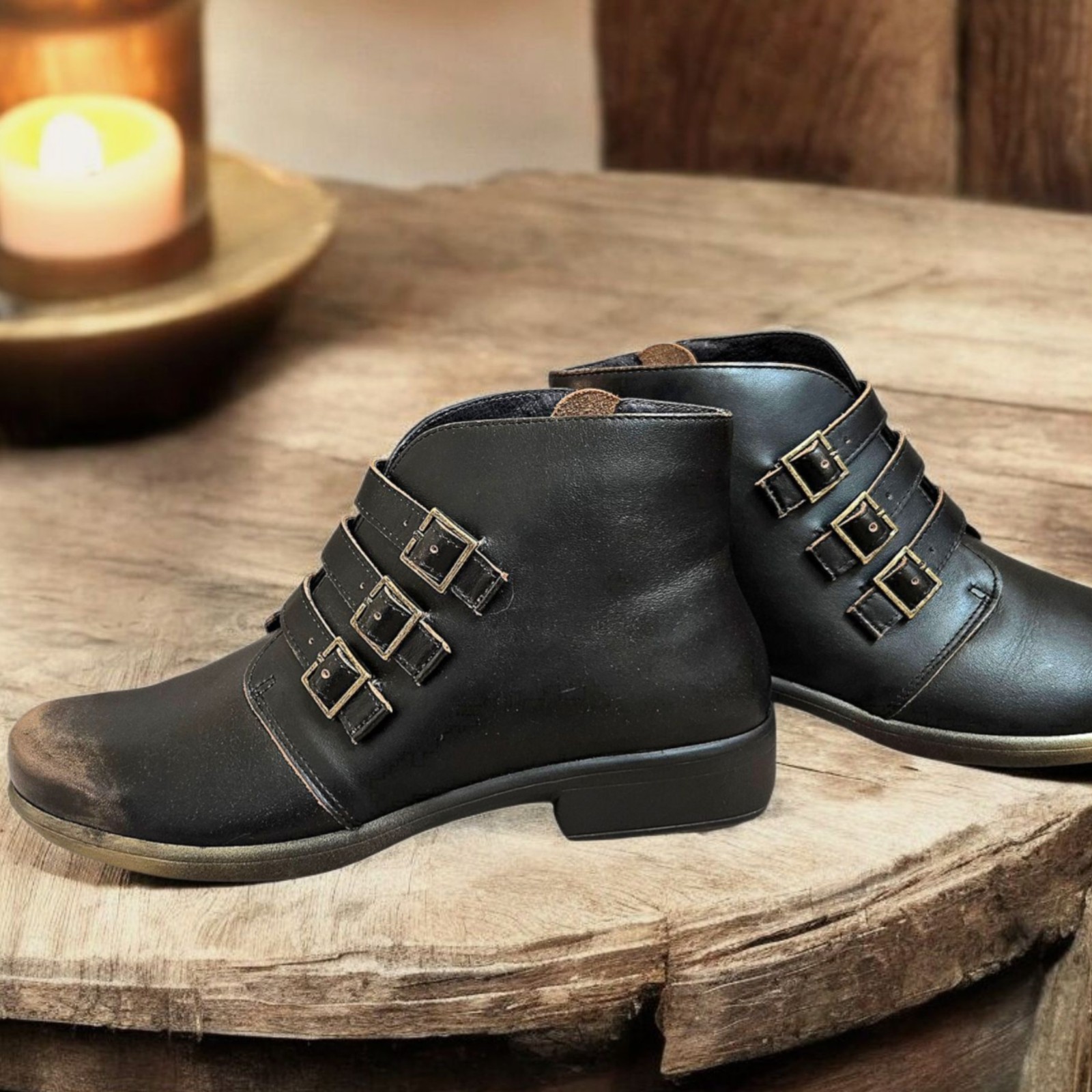 Naot Black Leather Ankle Boots Isreal Buckle Zip Victorian Goth Distress Look /7
