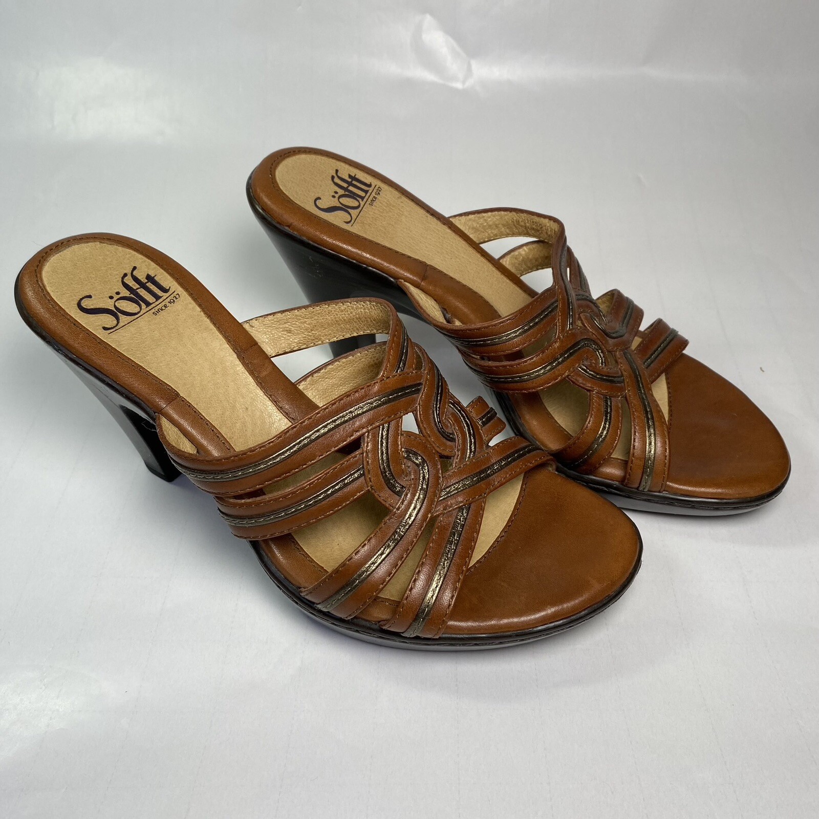 Sofft Leather Sandals Braided Slide Brown Heeled 3.5 in Heels Women’s Size 6