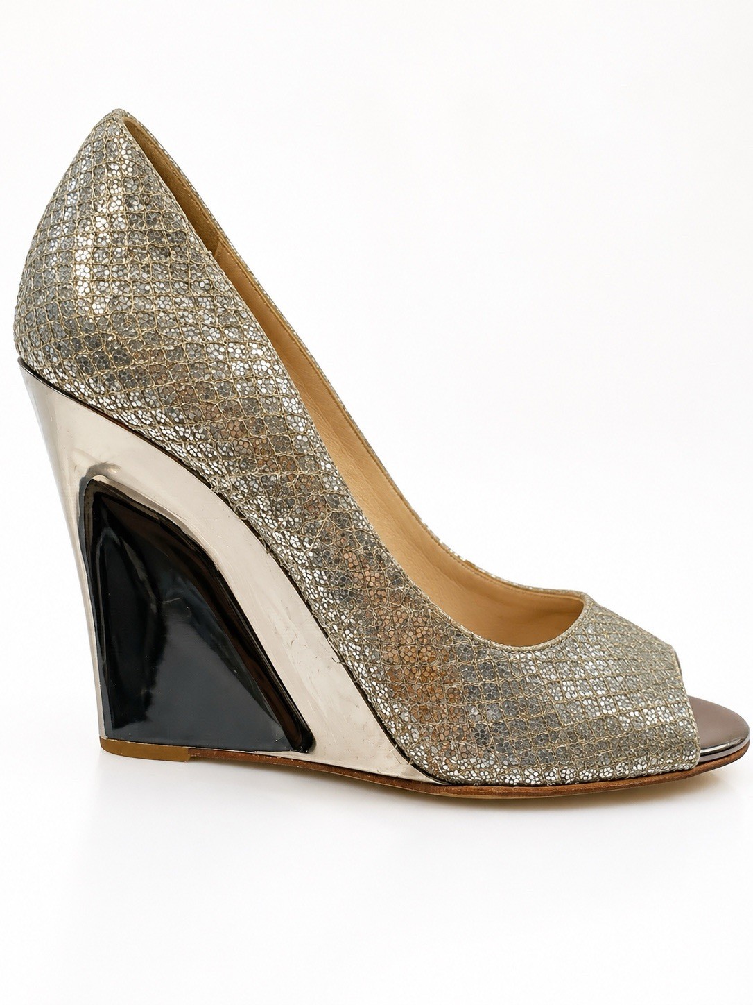 Jimmy Choo Metallic Glitter Peep Toe Wedge Heels – Women’s EU 36.5 / US 6–6.5