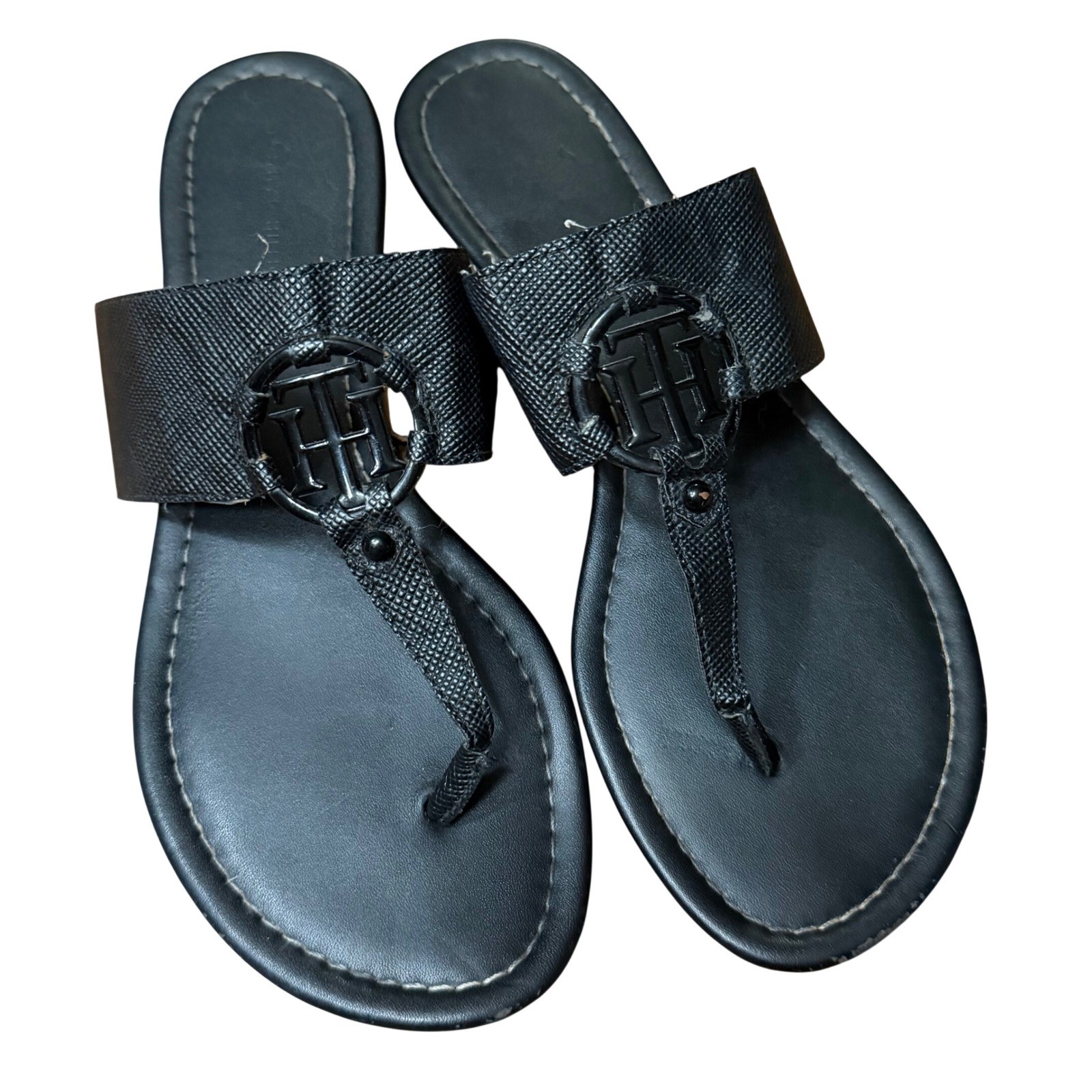 Tommy Hilfiger Tysia Black Logo Thong Sandals Women Size 9.5M