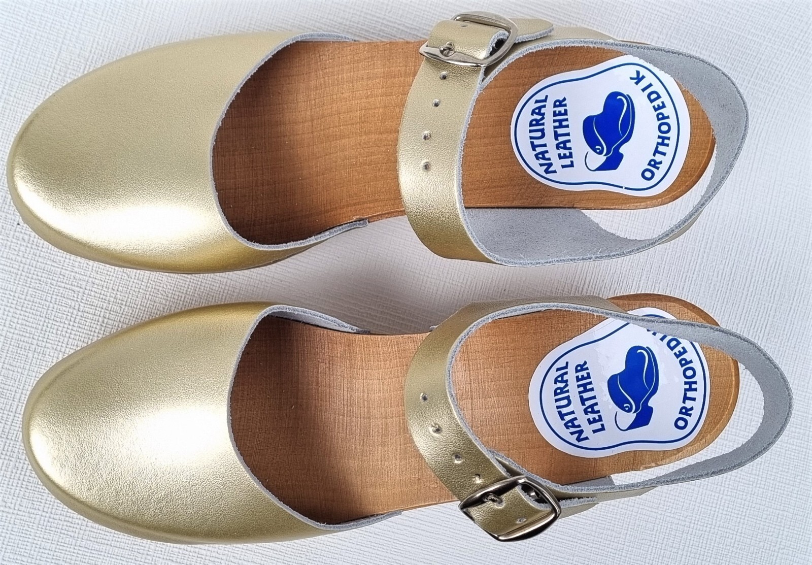 WOOD CLOGS wooden mules sandals size 38 *gold* real beef leather handmade