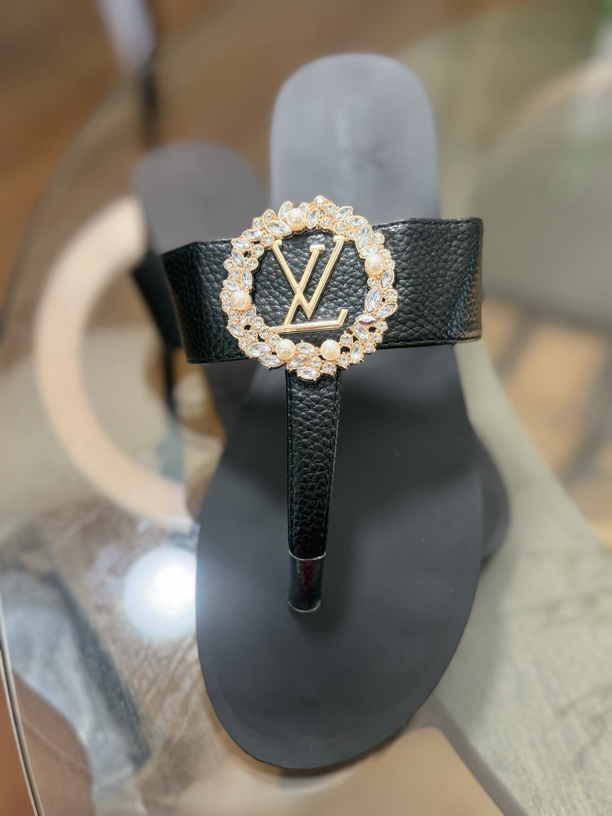 Louis Vuitton Women’s Black Thong Sandals Logo Beaded Accent Slip-On EU 41