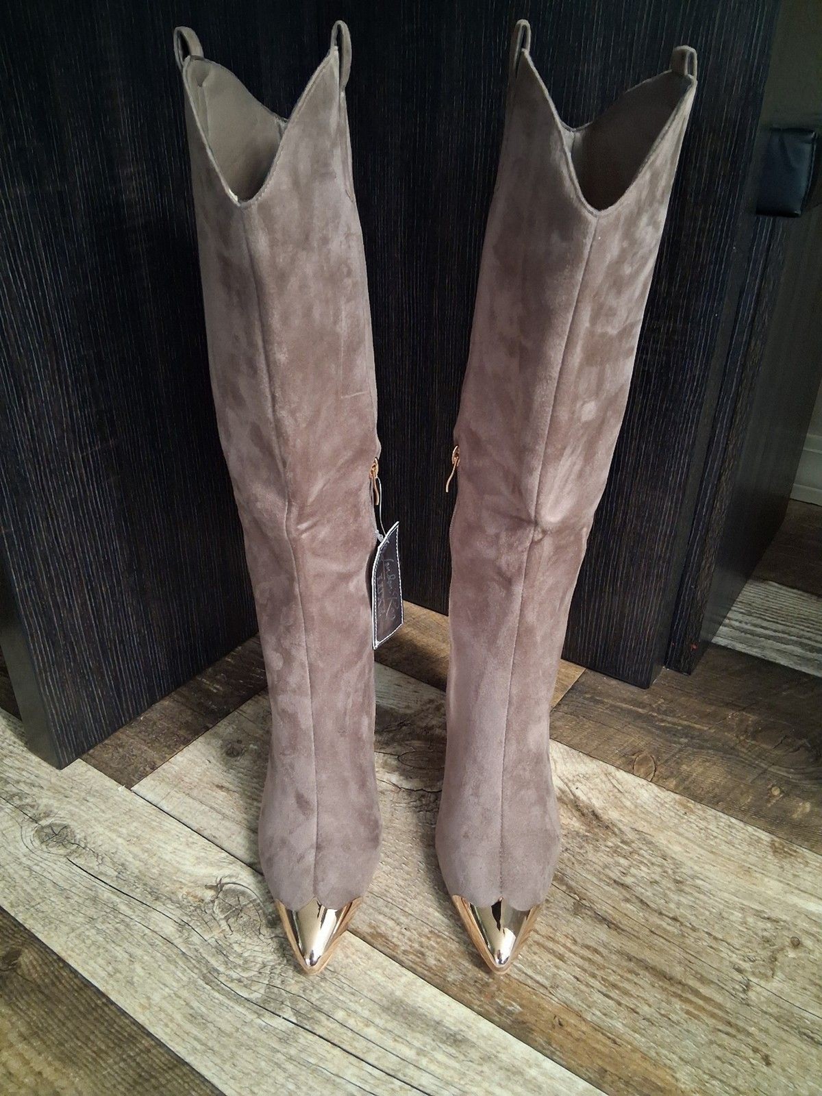 NEW! London Rag Ridda Denim Suede-Like Stilletto Mid-Calf Boot, Taupe Size 10