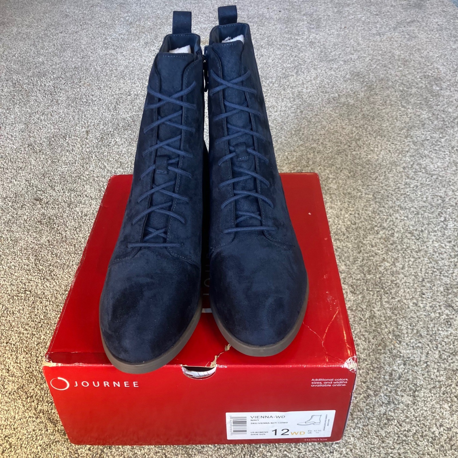 Journee Collection Vienna Navy Vegan Suede LaceUp Ankle Boots Womens 12W NIB NEW