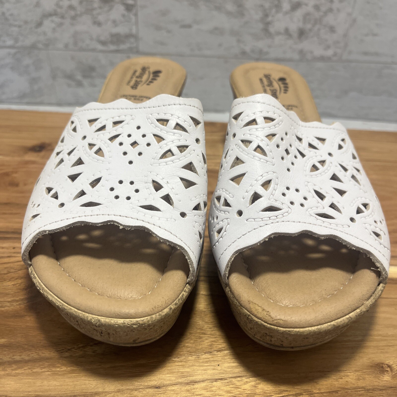 Spring Step «Estella» Slide Wedge Heel Sandals Sz 37 White Leather Made Italy