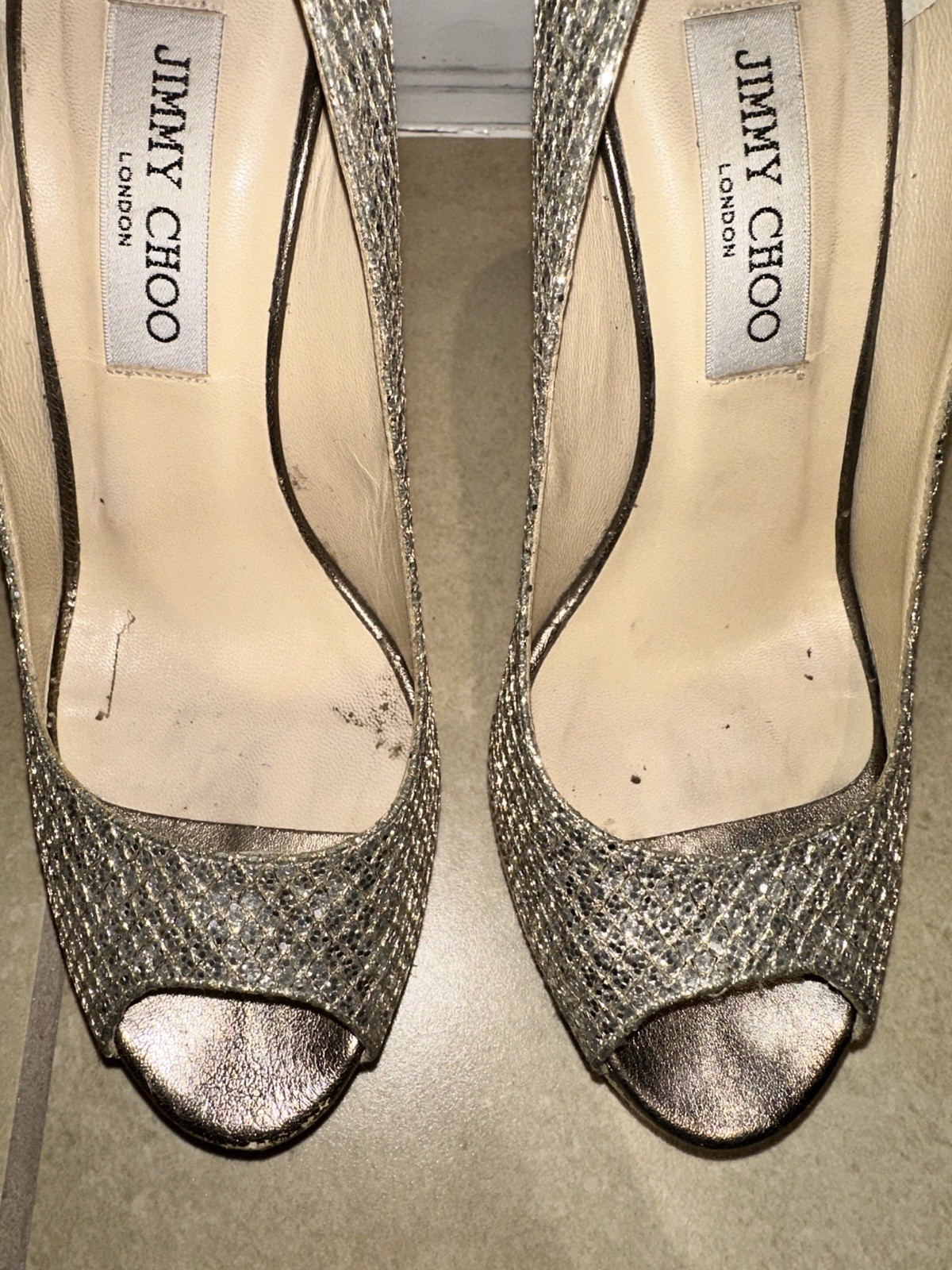 JIMMY CHOO SILVER GOLD SPARKLY PLATFORM Peep Toe HEELS 36.5