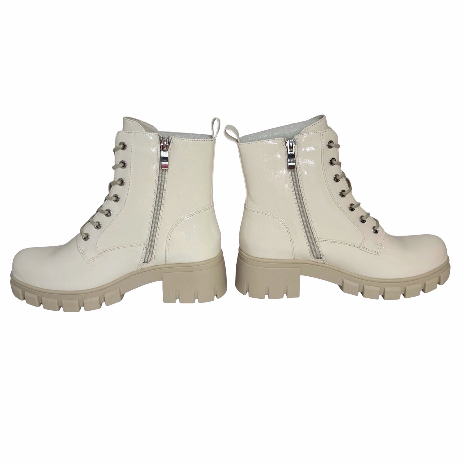 Hey Girl by Corkys Cray Combat Boots Women’s 9 Ivory Patent Lug Sole Zip