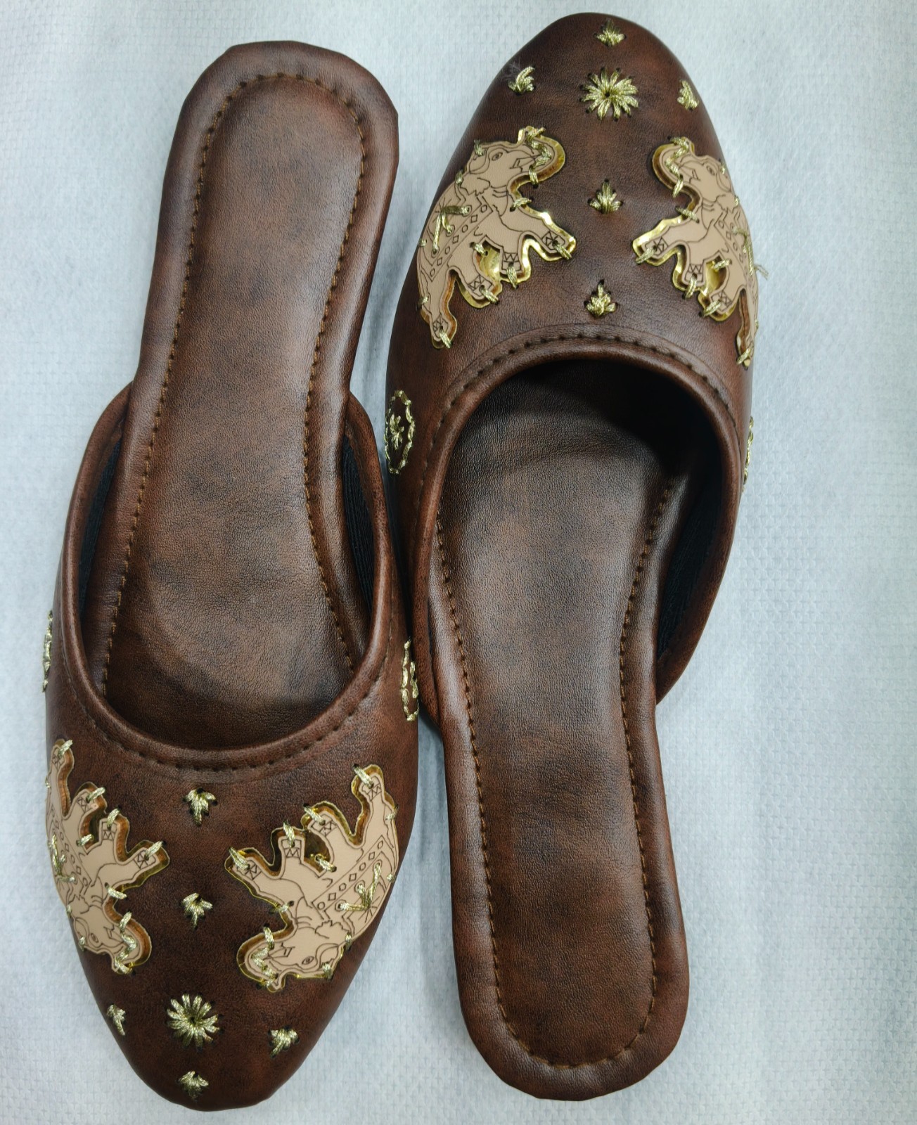 Women Brown Leather Mules, Handmade Ethnic Slip-On Shoes, Elephant Design