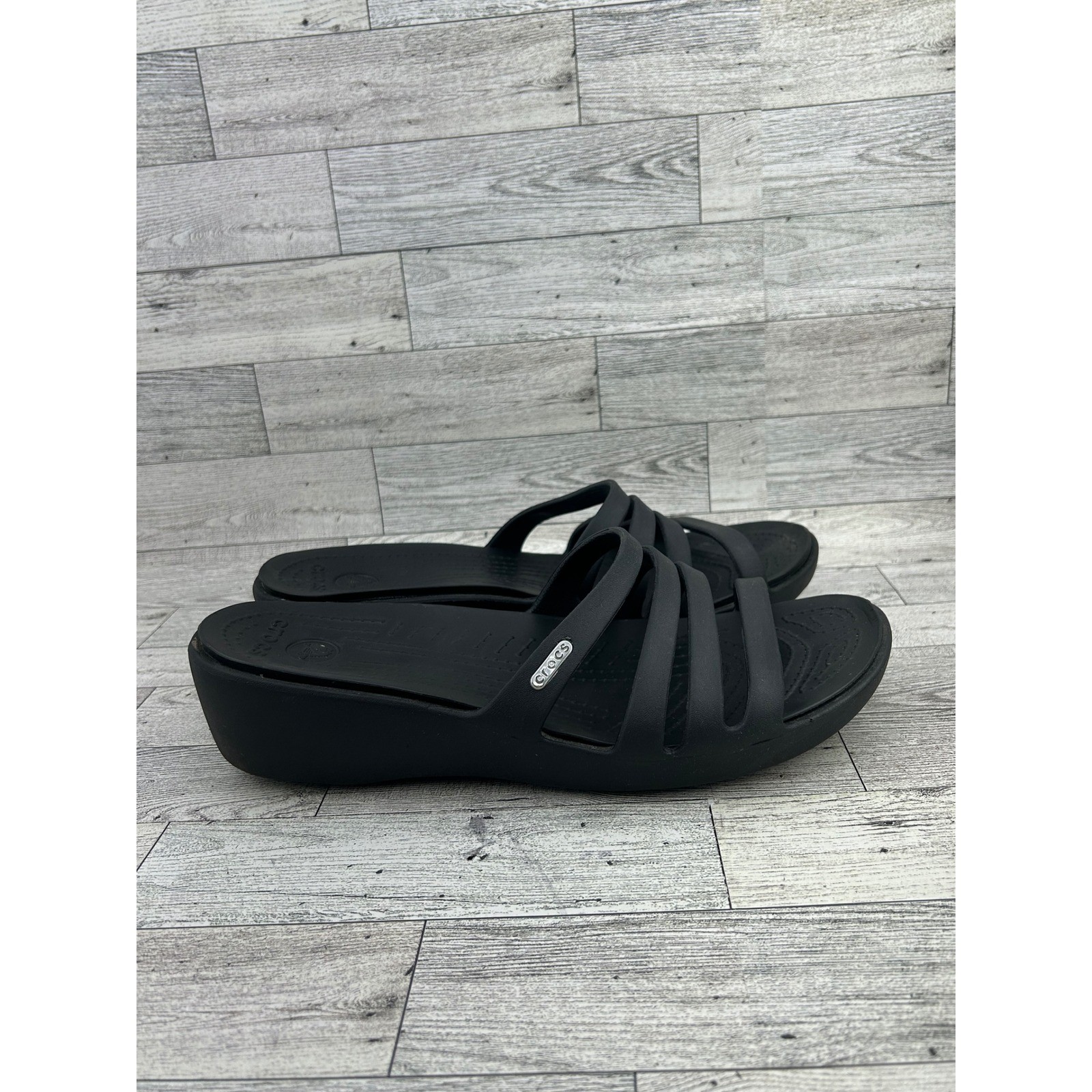 Crocs Women’s Rhonda Black Multi Strap Wedge Sandals Slides Comfort Size 11