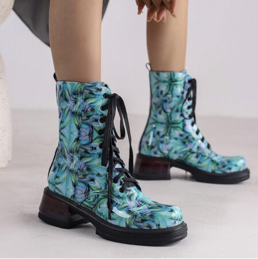 Printing Women’s Faux Leather Ankle Boots Chunky Heel Shoes Lace Up Round Toe SZ