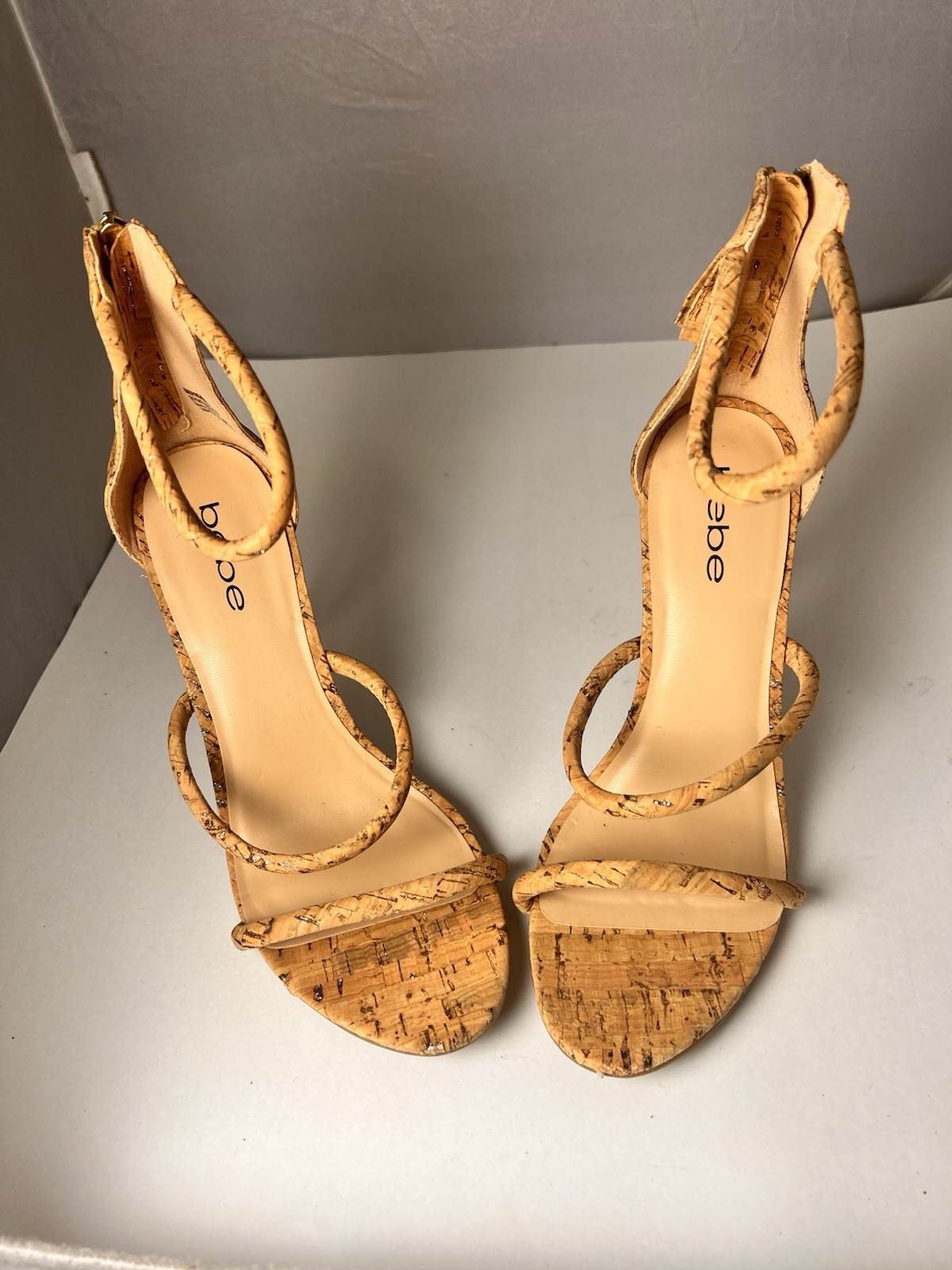 Bebe BERDINE Size 8 Glittery Cork Ankle Strap High Heels Classy Stylish