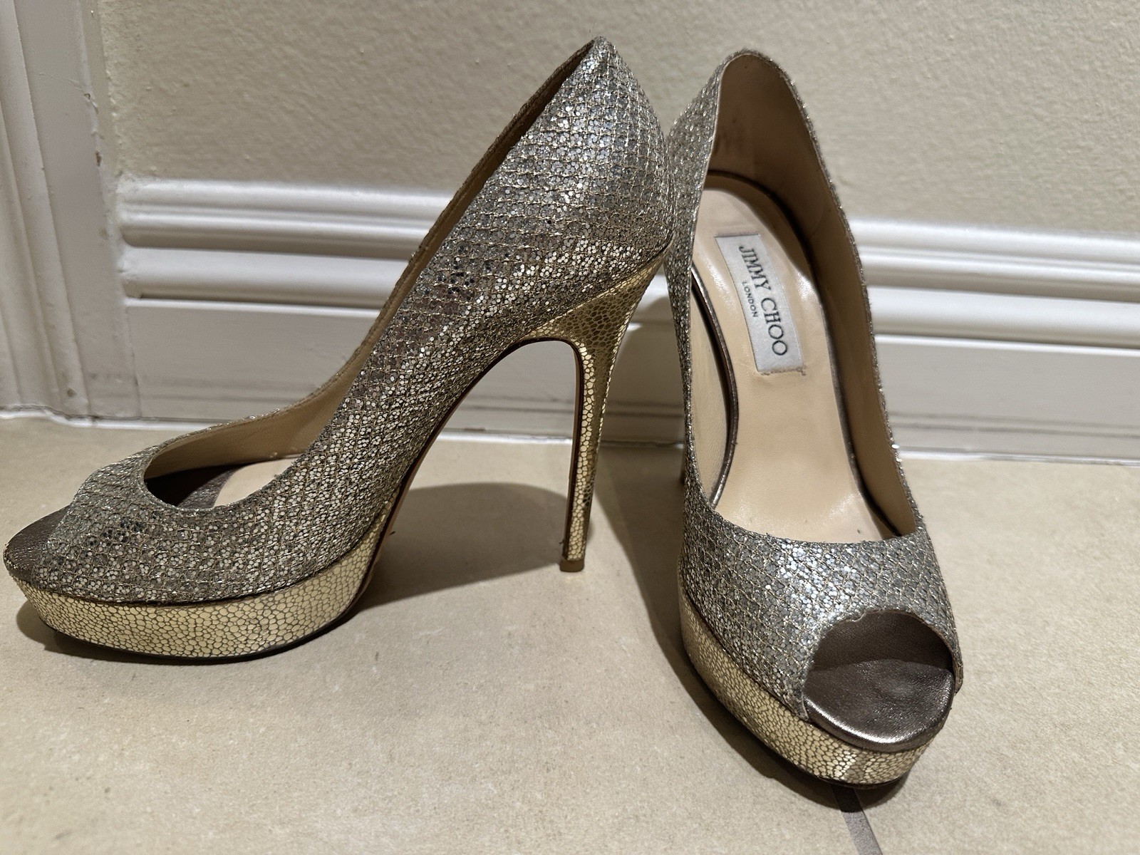 JIMMY CHOO SILVER GOLD SPARKLY PLATFORM Peep Toe HEELS 36.5