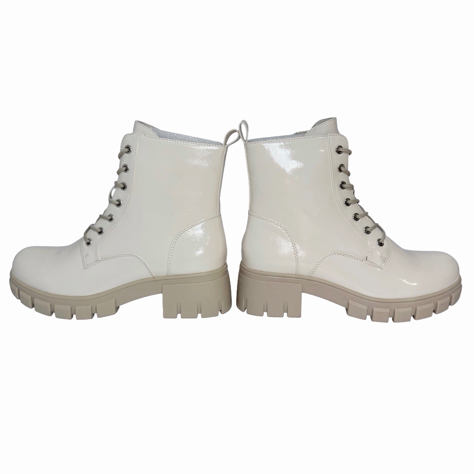 Hey Girl by Corkys Cray Combat Boots Women’s 9 Ivory Patent Lug Sole Zip
