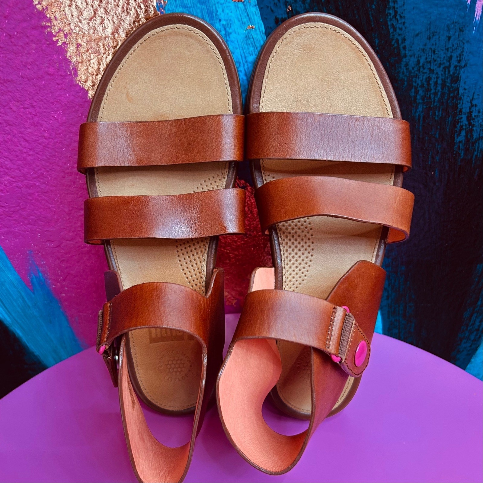 FitFlop Women 7 Strappy Leather Sandal Brown Pink Supercomff Ankle Wrap Rare EUC