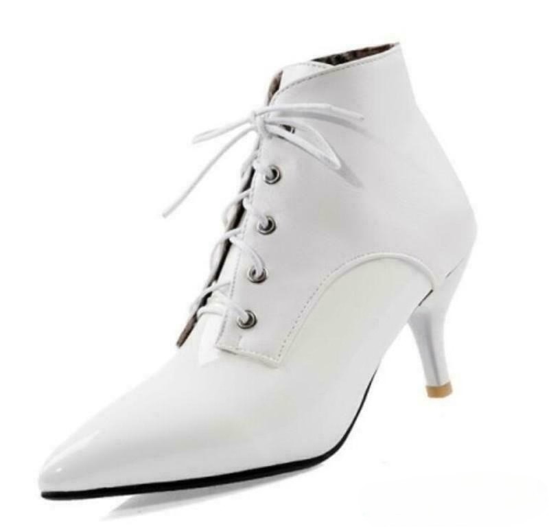 Splicing Women’s Faux Leather Ankle Boots Lace Up Shoes Kitten Heel Pointy Toe