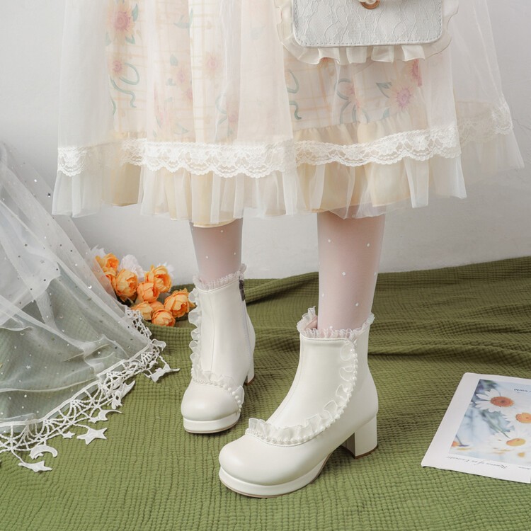 Sweet Women’s Girls Faux Leather Lace Zip Ankle Short Boots Dress Lolita Shoes