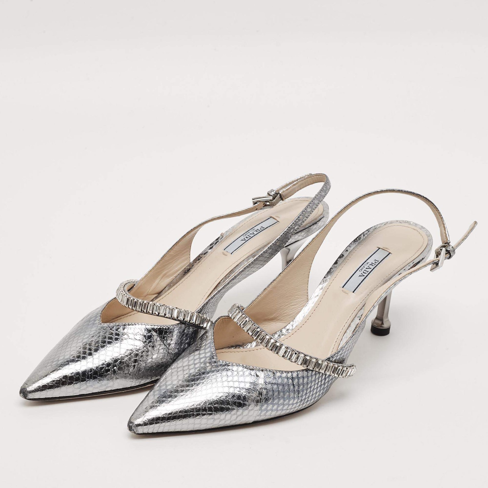 Prada Size 39 Metallic Silver Snakeskin Embossed Leather Crystal Embellished
