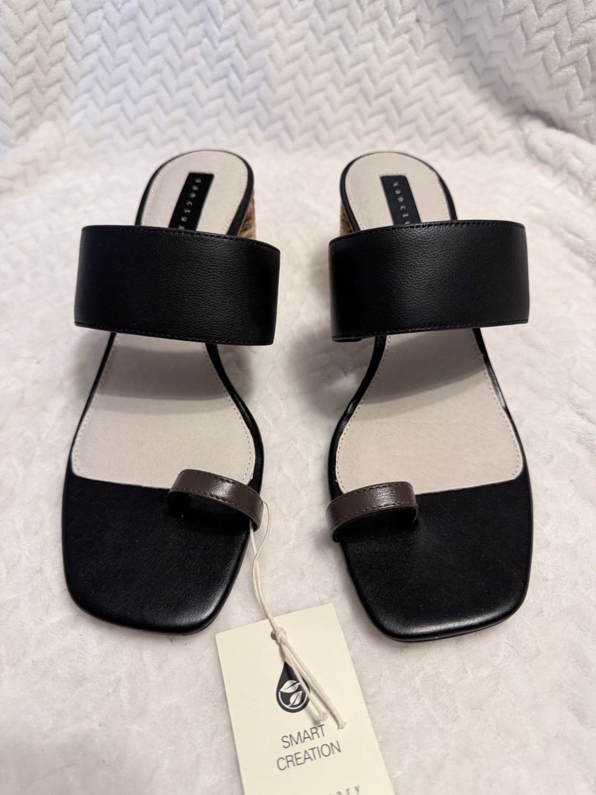Sanctuary Bold Black Leather Toe Loop Rope Block Heel Sandals Slides Size 9M New