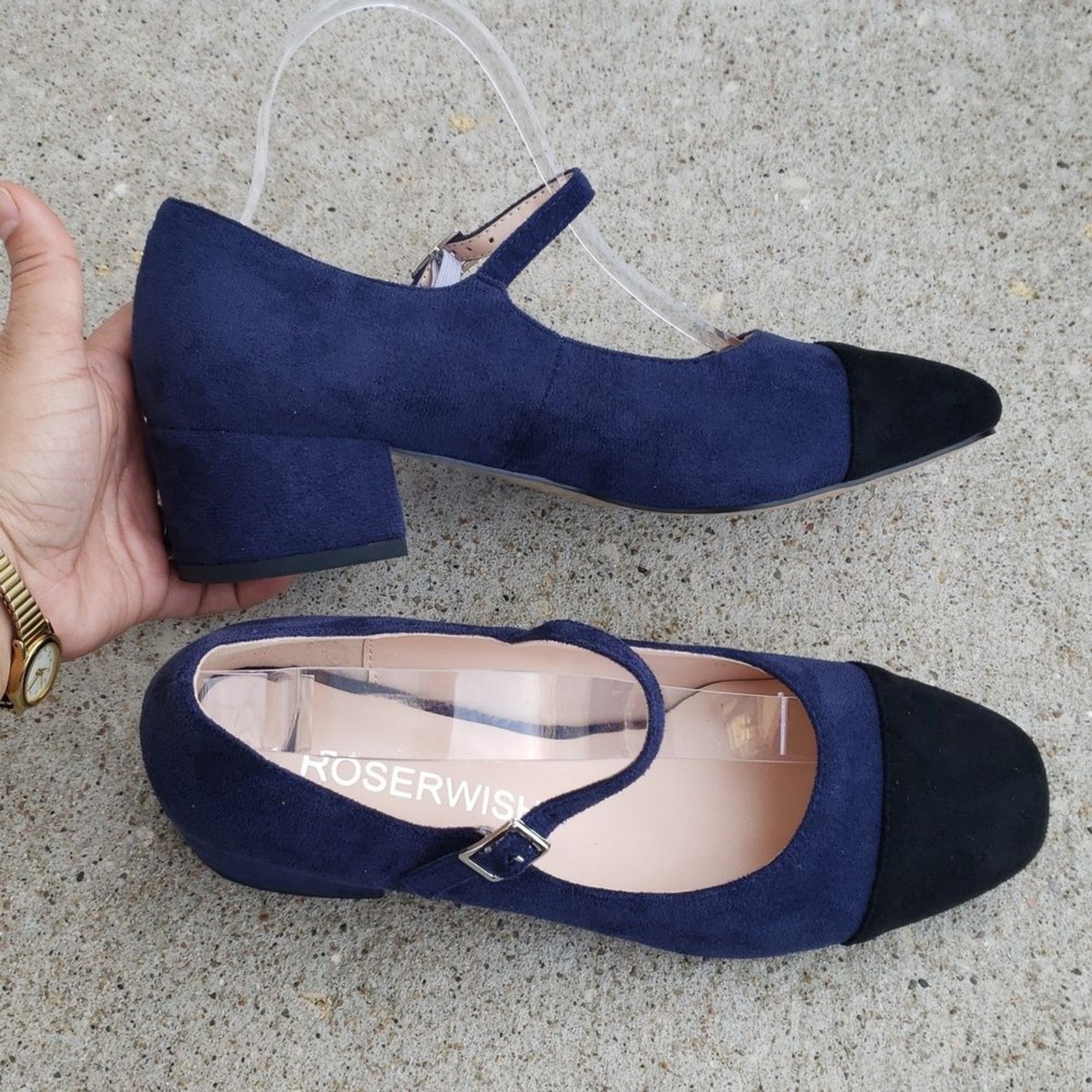 Roserwish Suede Mary Jane Square Toe Block Heels Sandals Size 8 Workwear Neutral