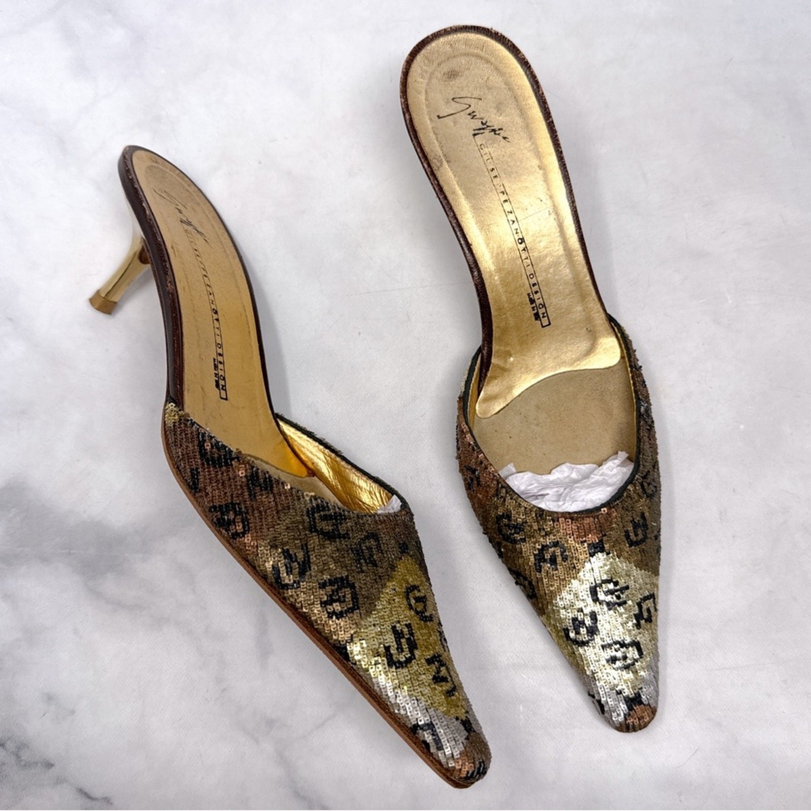 Giuseppe Zanotti Vicini Vintage 90s Y2K Sequin GZ Logo Pointed Kitten Heel Mules