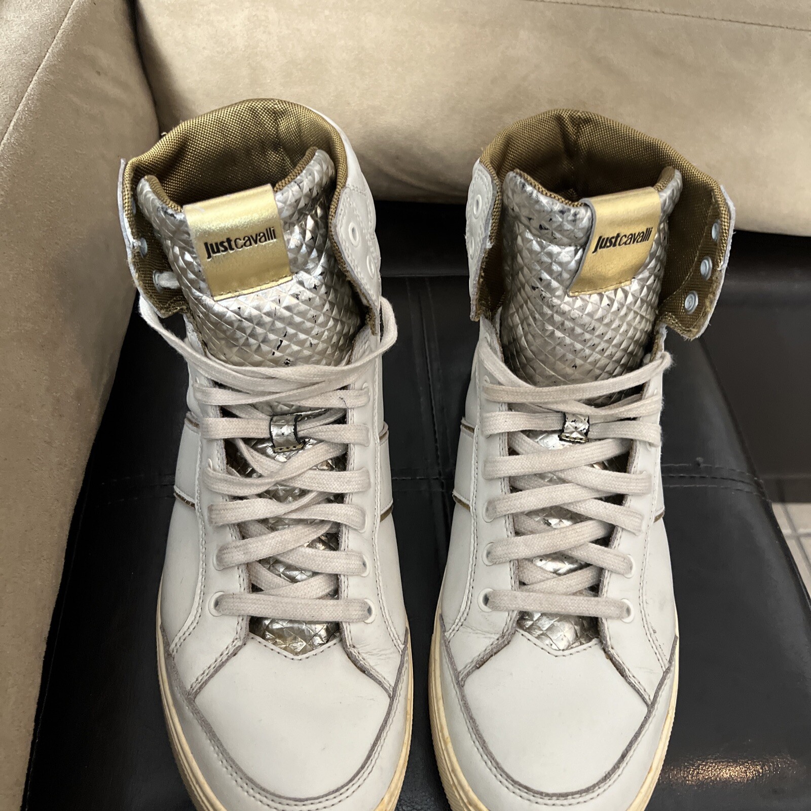 Womens Just Cavalli high top sneakers, size 8.5 US EU 41. Silver Color bit Off