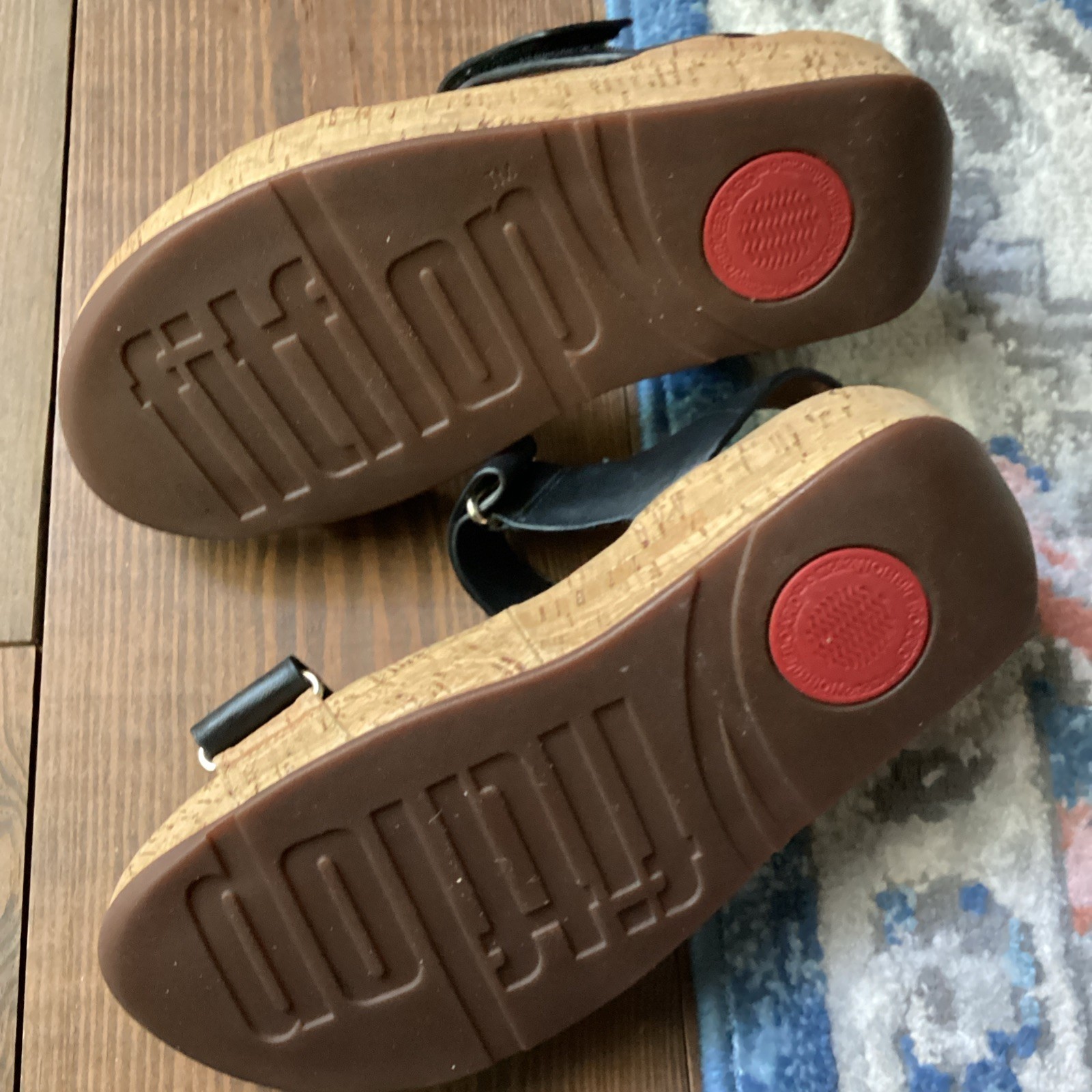 Fit Flop 7 Black Leather & Cork Adjustable Sandals Ankle Strap Classic!