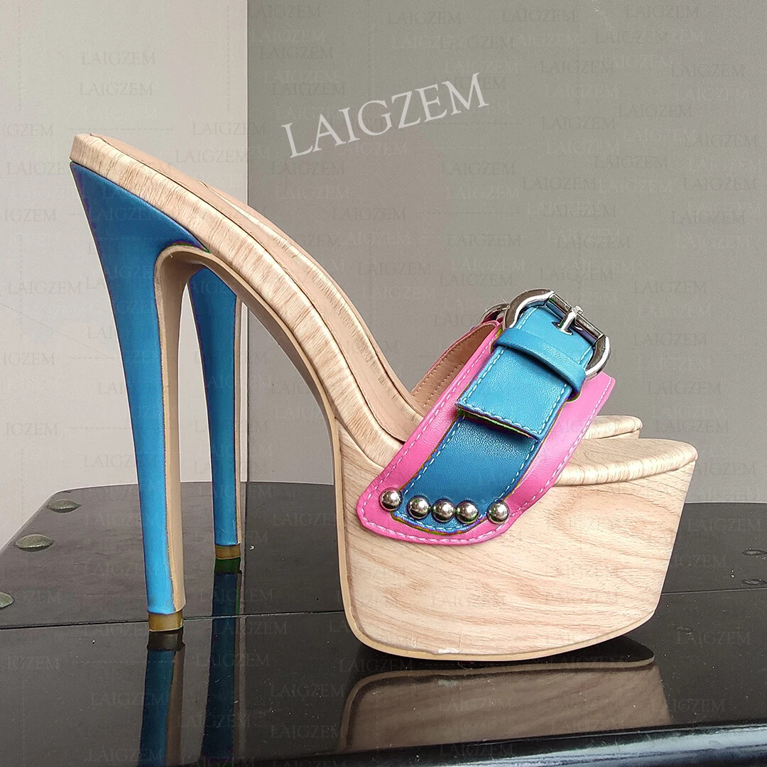 Women Mules Open Toe Slip On Faux Leather Thin High Heeled Slides Shoes Woman