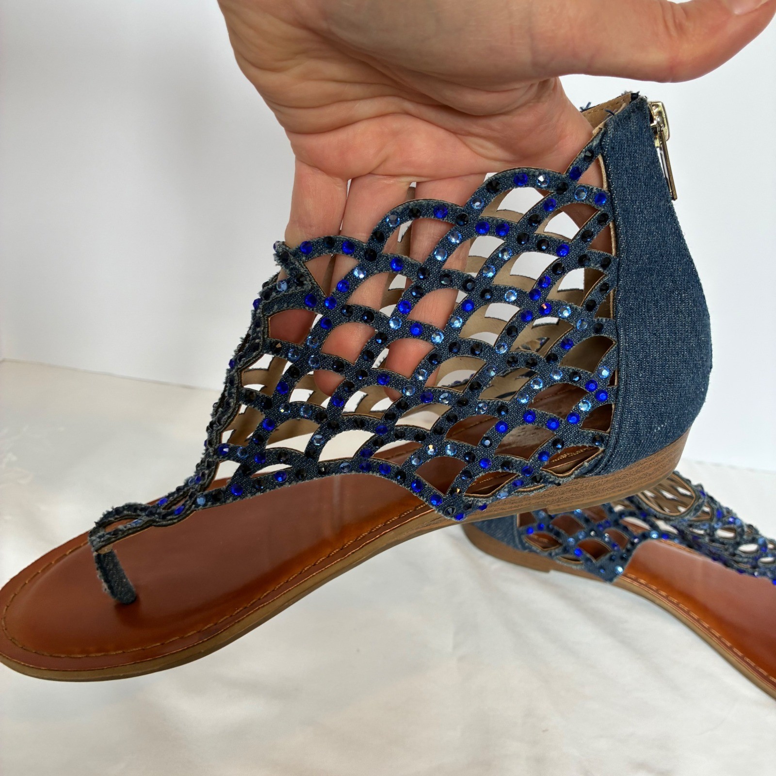 Zigi Soho Blue Denim Rhinestone Sandal Caged Gladiator Thong Boho Festival Y2K
