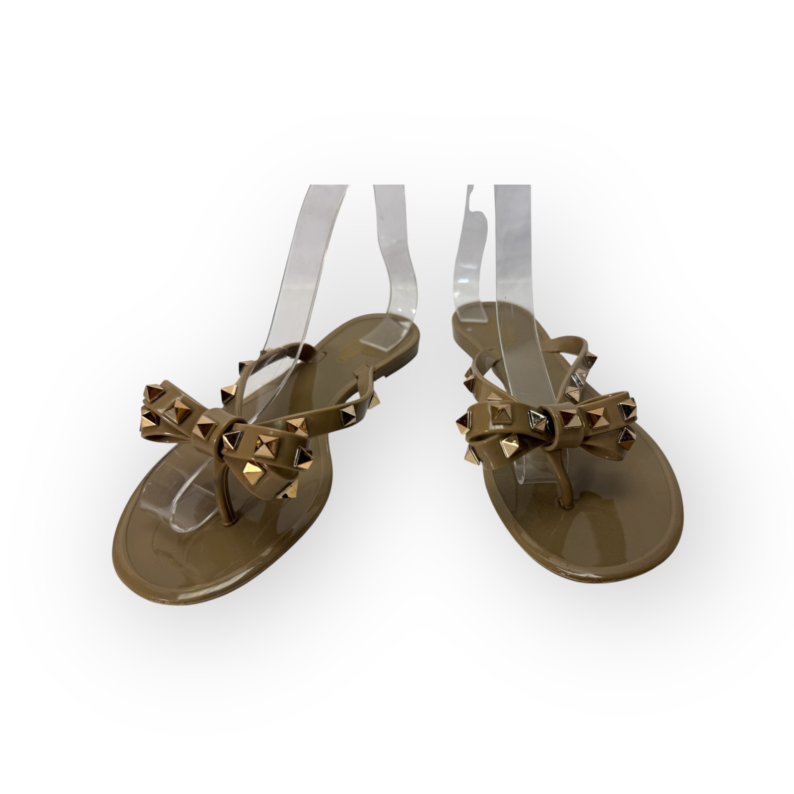 Valentino Taupe Jelly PVC Rivet Bow Flat Flip Flop Sandals 38 8 $490