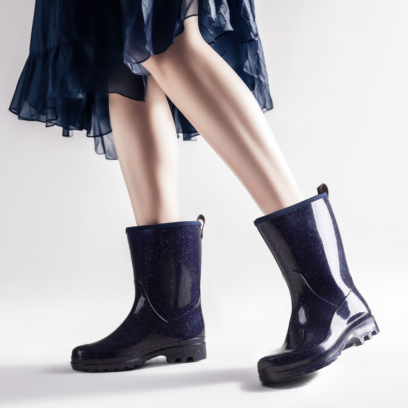 HISEA Women Waterproof Rain Boots Glossy Mid-Calf Wellies Non-Slip Garden Shoes