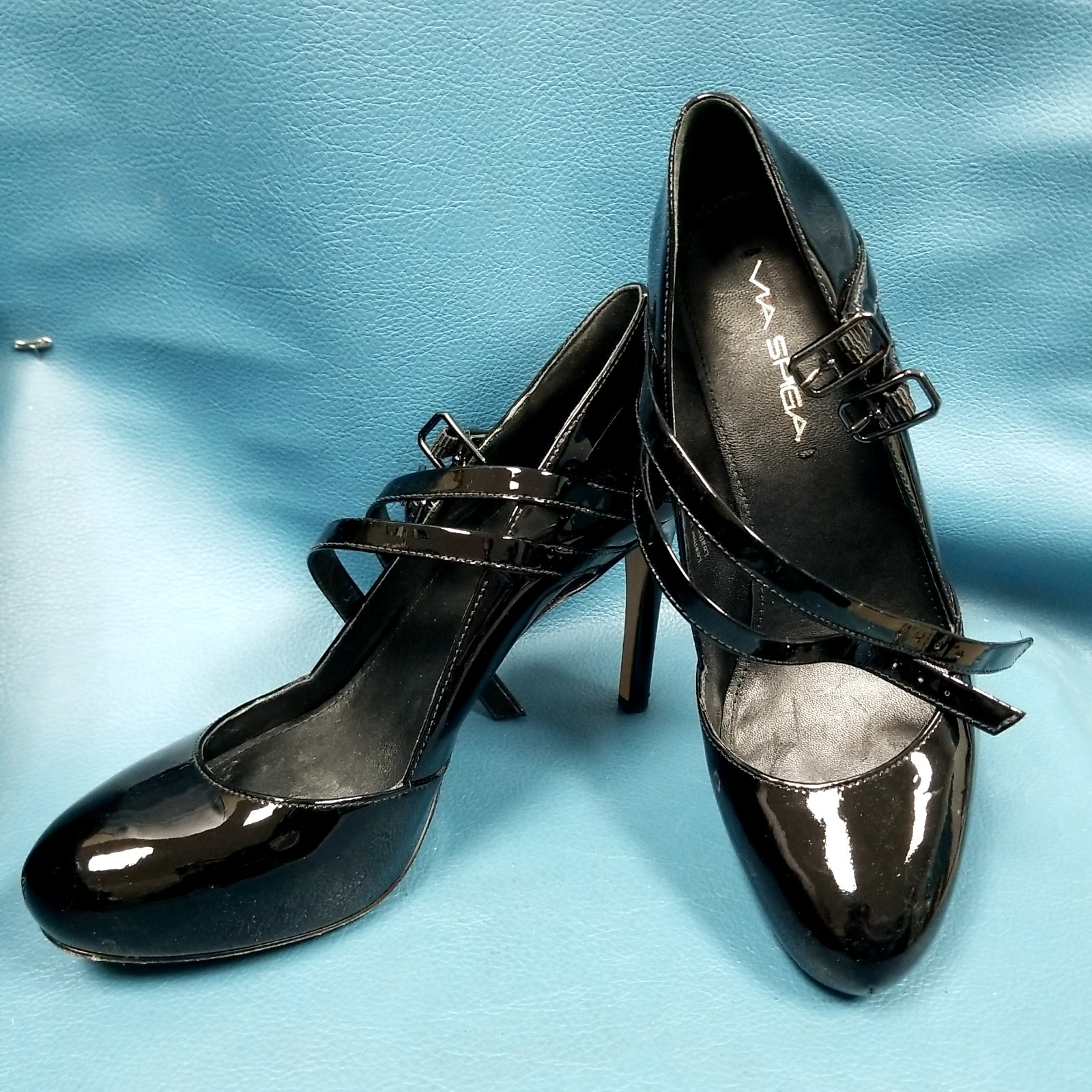 Via Spiga Black Patent Leather Round Toe Mary Jane Style Heels SZ 7M