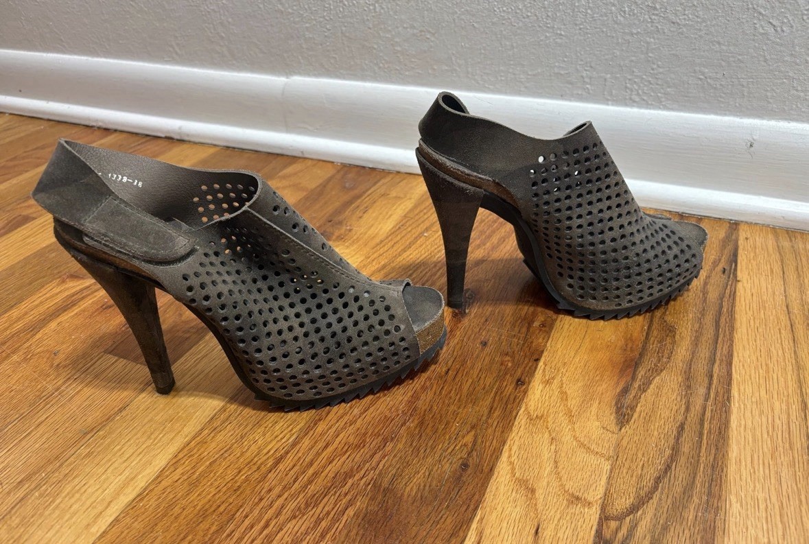 EUC Pedro Garcia Camo Suede Perforated Peep-Toe Heeled Bootie Size 38 (8 US)