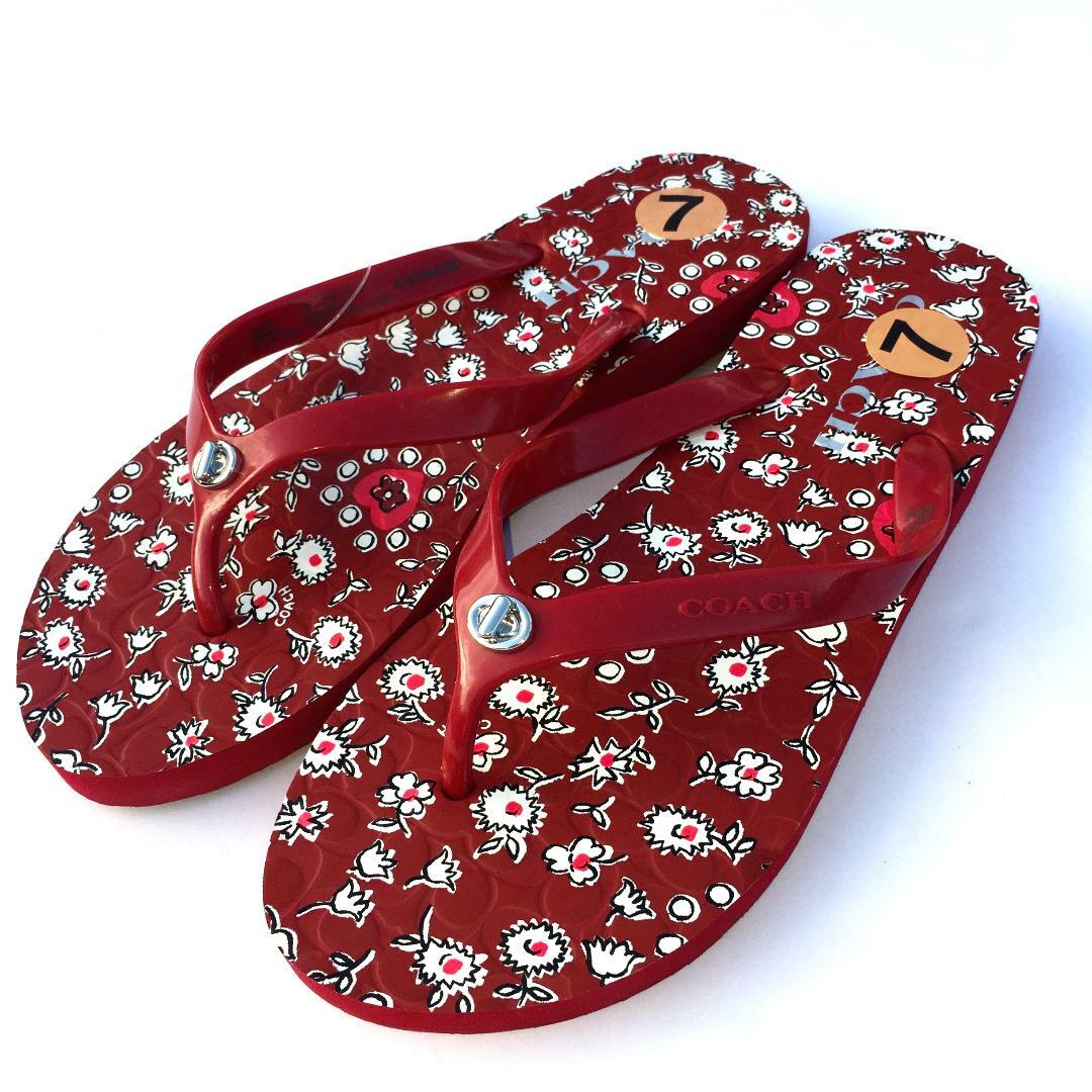 Coach Abbigail Flip Flops Turnlock Logo Thong Rubber Sandals Red Black Ivory