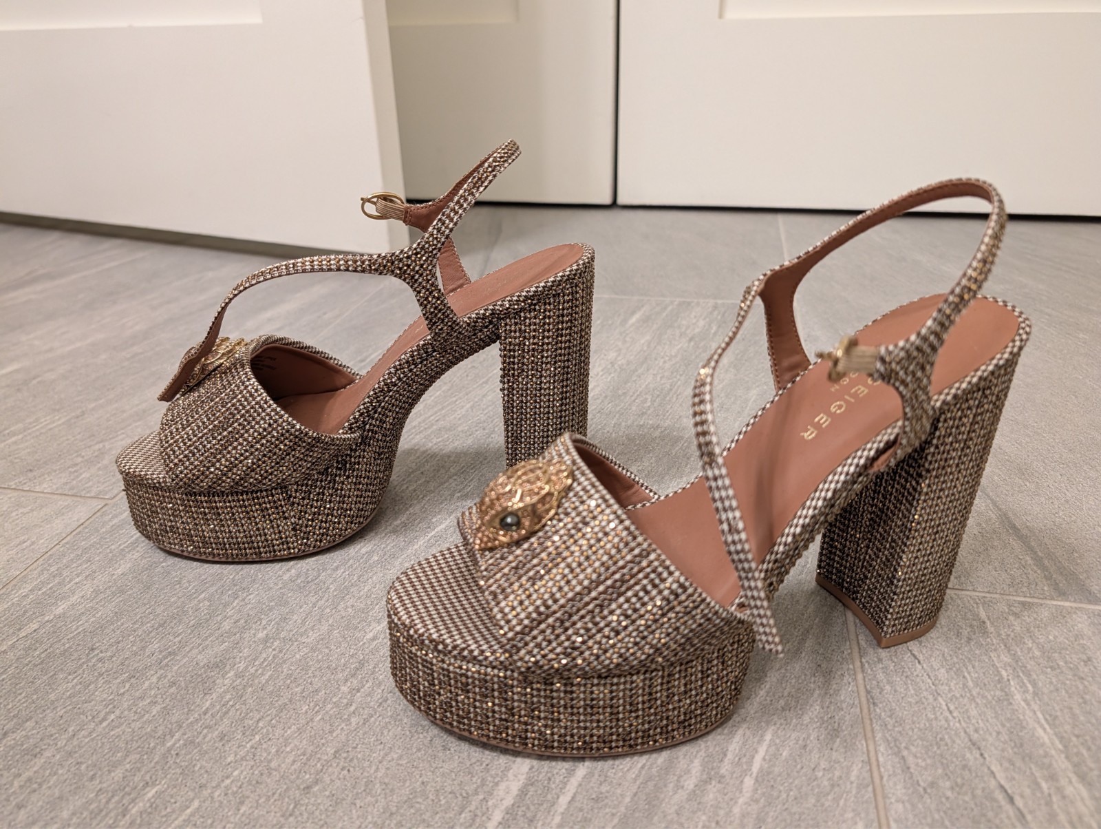 Kurt Geiger London Kensington Platform Sandals, Beige/Brown Houndstooth Crystals