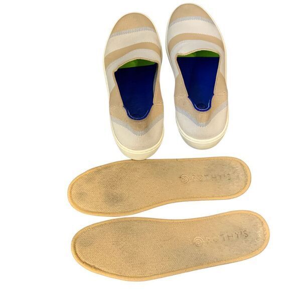 Rothy’s Birch Stripe Slip On Sneaker in tan, blue silver and white. Size 10