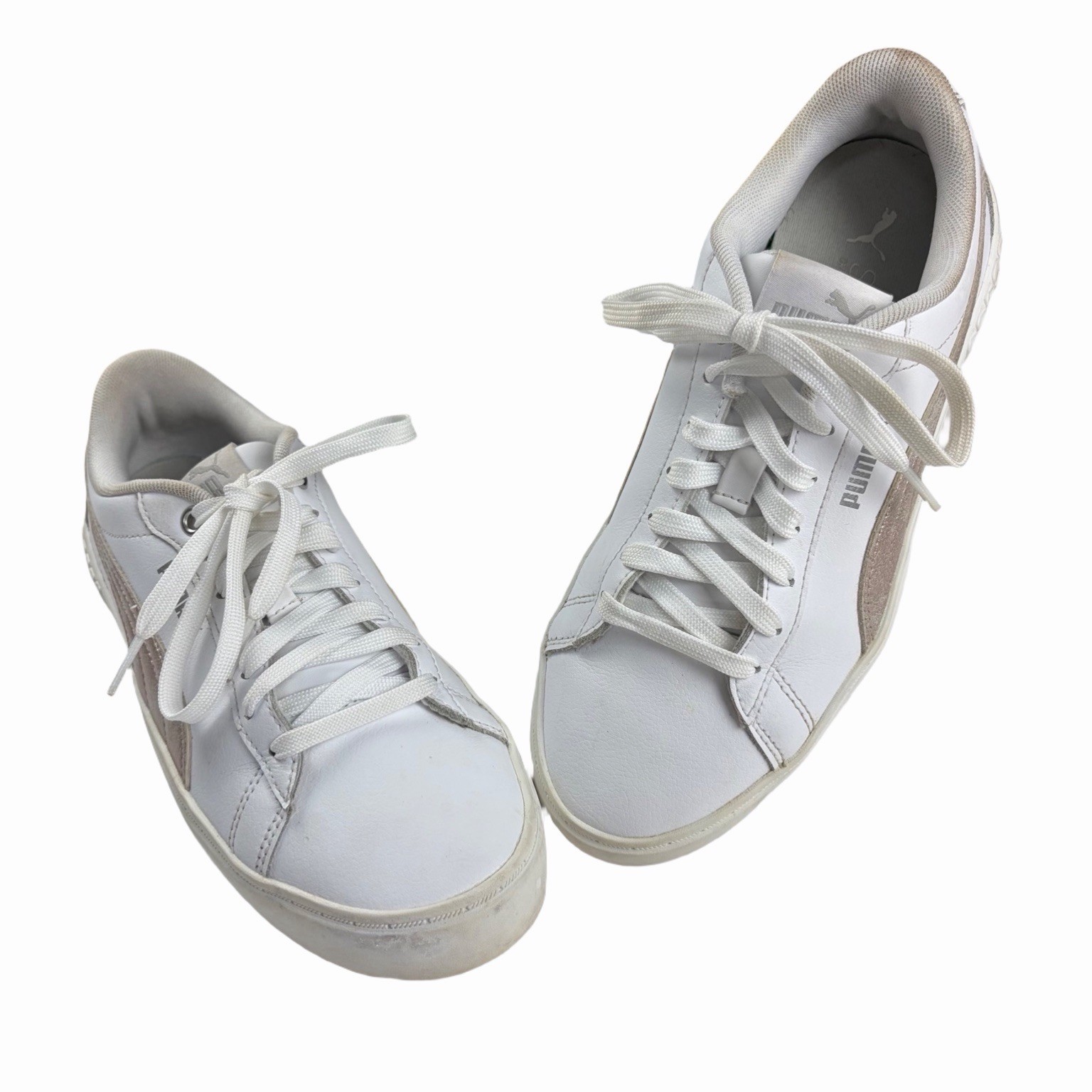 PUMA Women’s White Leather Sneakers with Rose Gold Stripe – Style 381450 Size 8