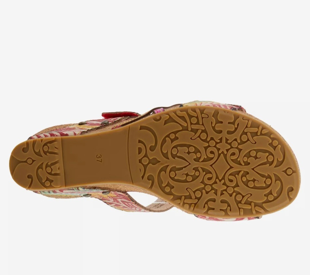 L’Artiste by Spring Step Moai Red Multi Leather Wedge Sandal NWOB Size 40 US 9