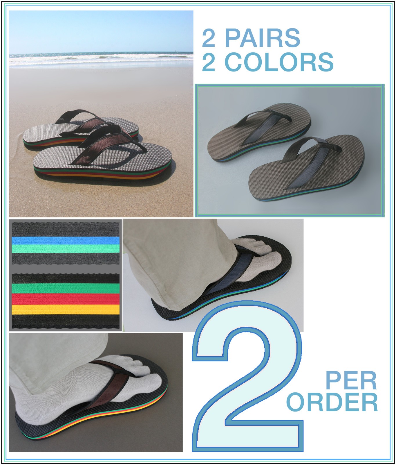 2 PAIRS Zori Flip Flop Sandal Shoes Thongs Unisex Men Women Summer Casual Beach