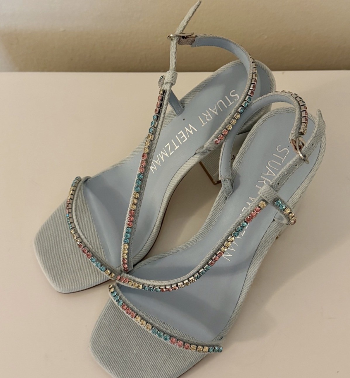 $575 Stuart Weitzman Women’s Blue Soiree Crystal 85 Block Sandal Shoes Size 9