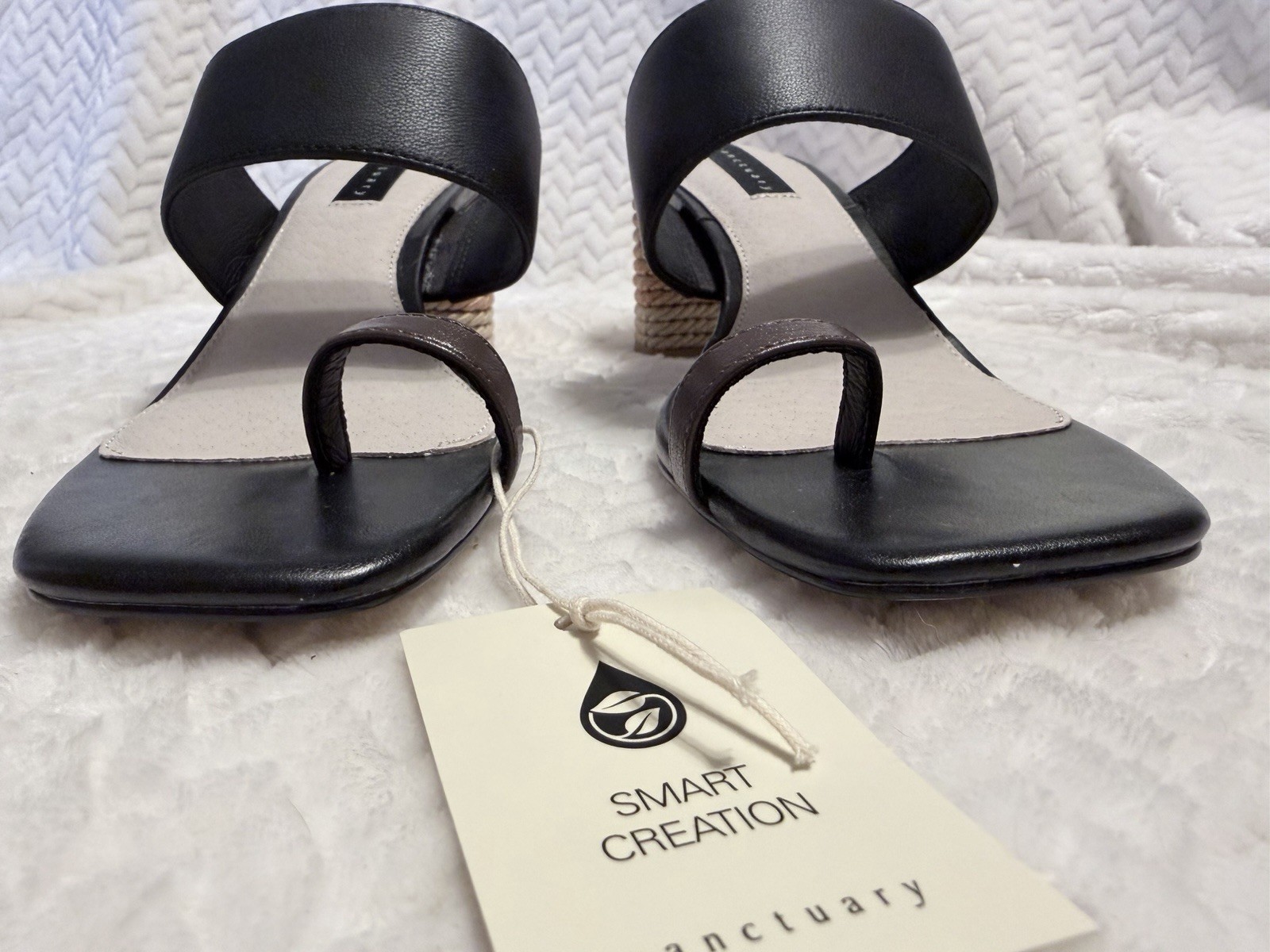 Sanctuary Bold Black Leather Toe Loop Rope Block Heel Sandals Slides Size 9M New