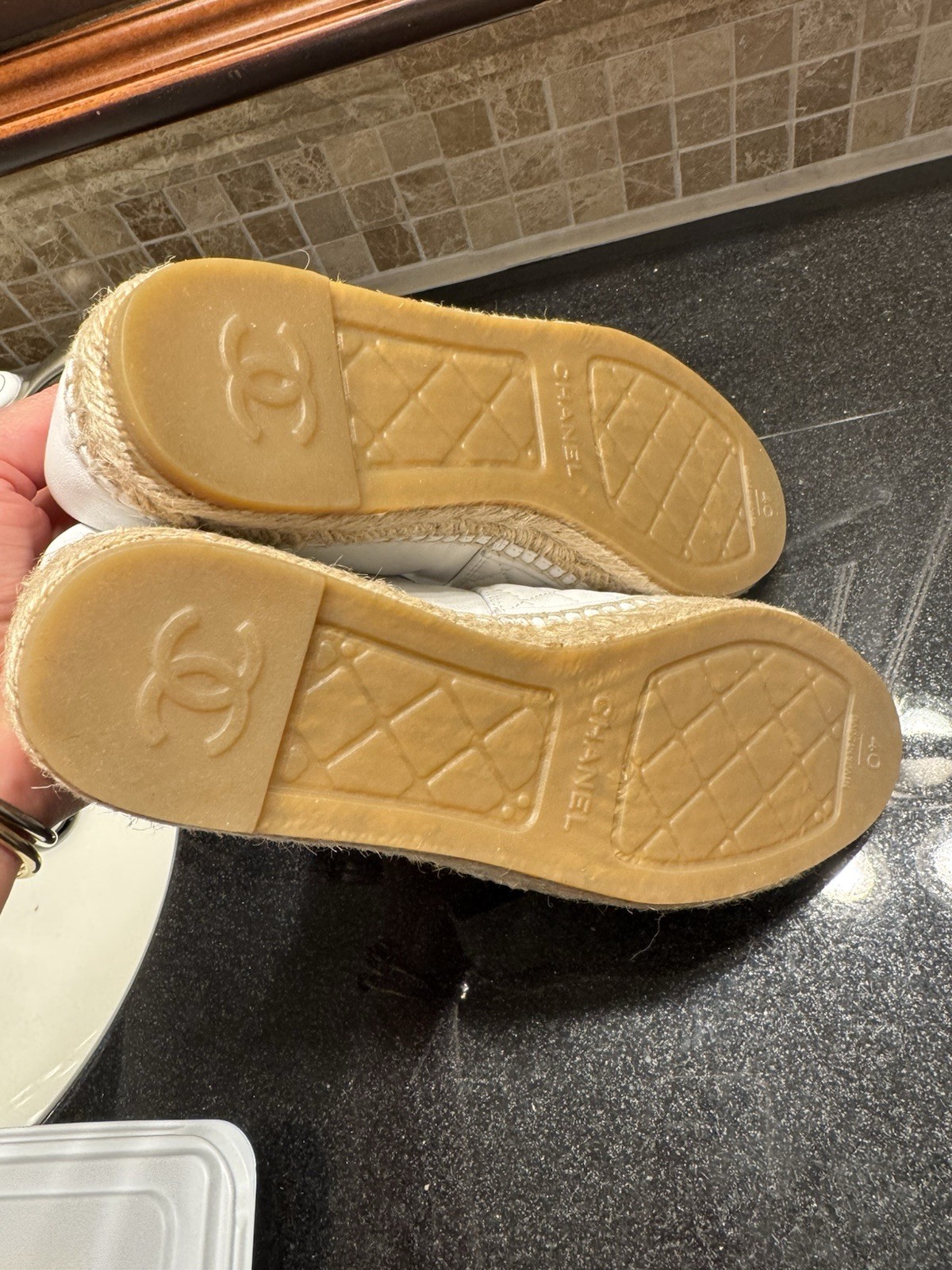 CHANEL Quilted CC Logo Slip-On Espadrille Flats White/Beige US 10 Std
