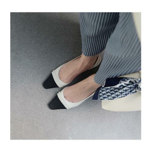 Women Classic Pearl Two Tone Leather Slingback Heels Square Toe Shoes Formal