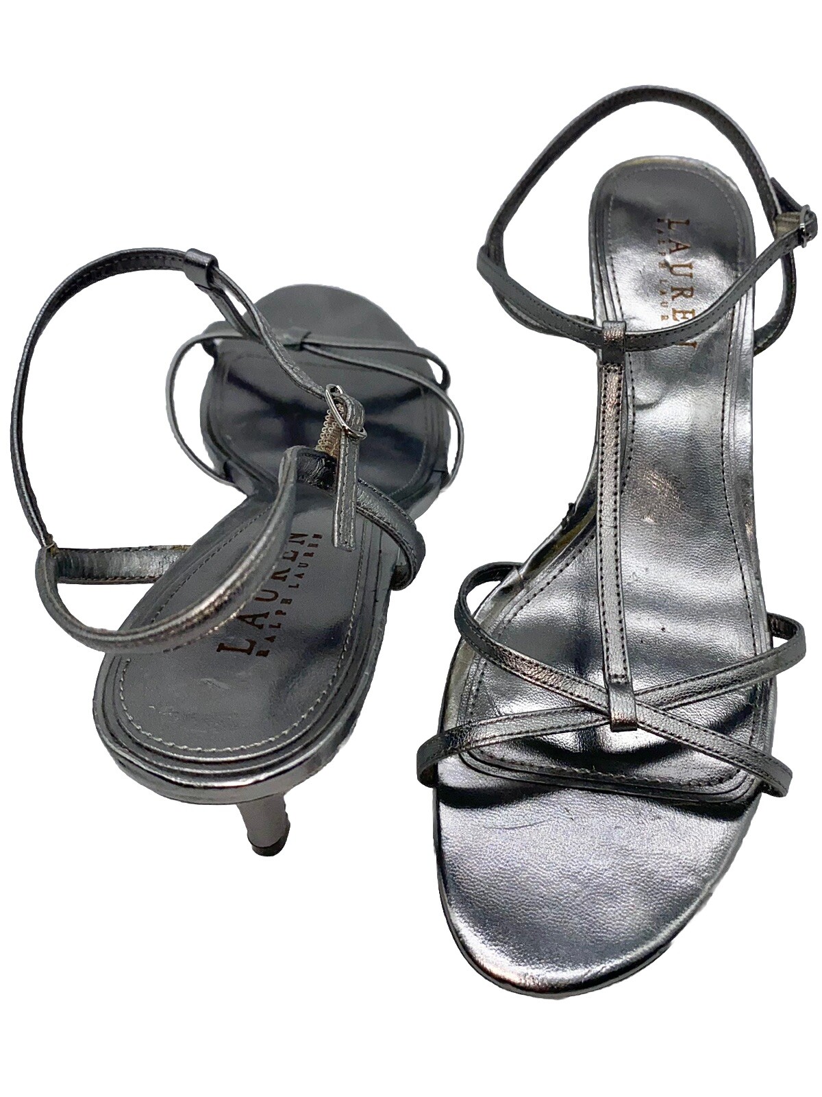Ralph Lauren Shoes Nyah Metallic Silver Stappy Buckle OpenToe Heels Size 8B Read