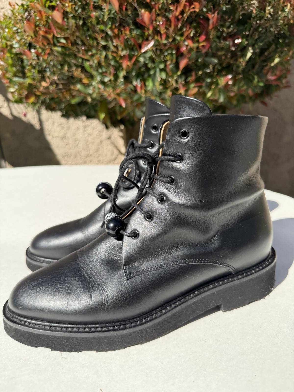 Dear Frances Park Black Smooth Leather Lace up bead Combat Boots Size 36 USA 6