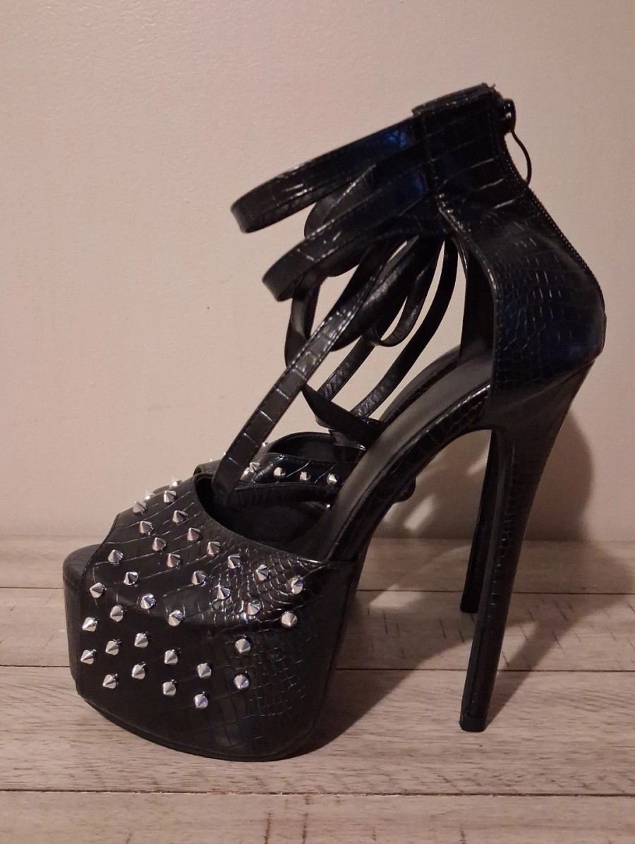 SHEIN Black Studded Spiked Strappy Platform Stiletto Ankle Strap Heels 9.5