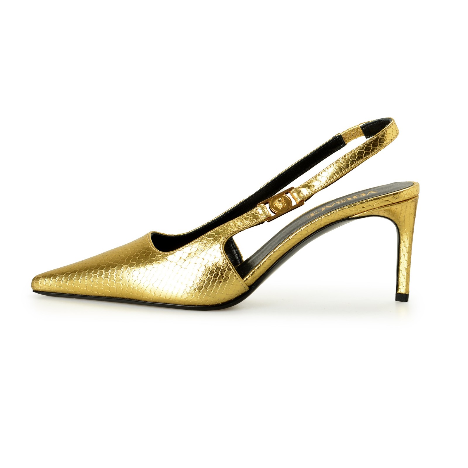 Versace Women’s Gold Snake Print Leather Heeled Slingback Pumps Shoes US 6 IT 36