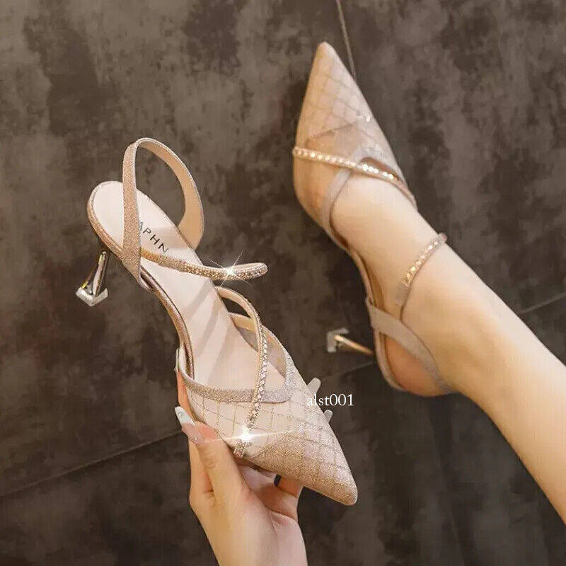 Women Pointed Toe Thin Heel Pumps Party Shoes Bling Crystal High Heels Sandals