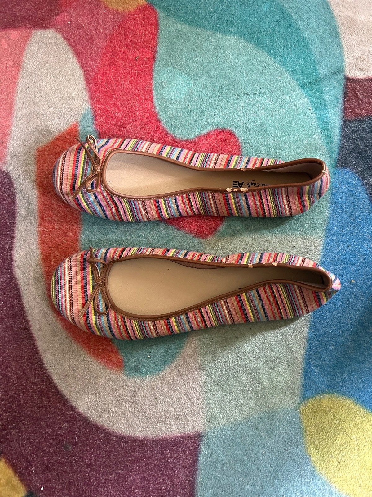American Eagle Multicolor Striped Ballet Flats with Bow Accent