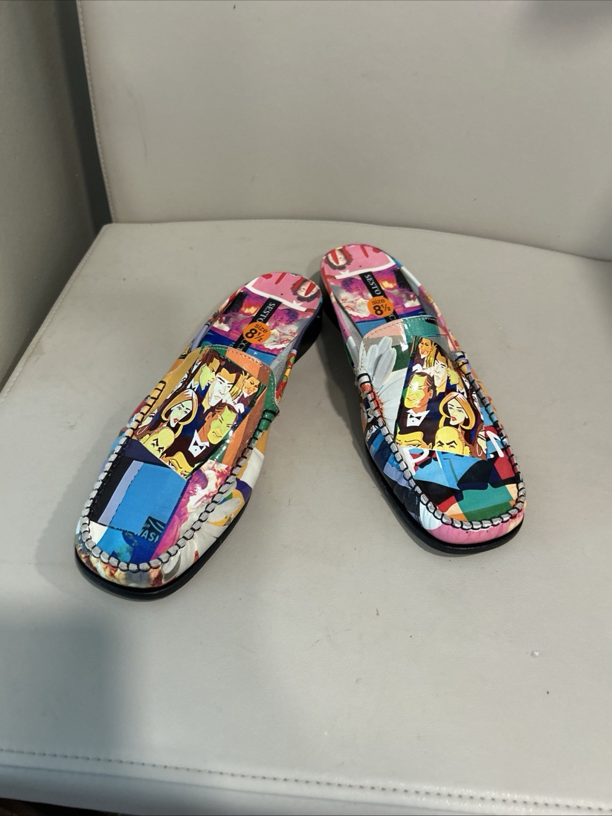 Sesto Meucci VTG leather mules 8.5 vibrant graphics Art Wear Boho Gypsy Italy