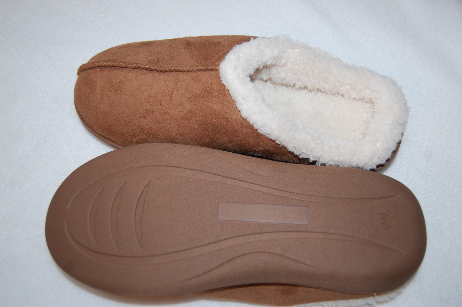 Women BROWN SLIPPERS Slip On FAUX SUEDE Sherpa Lined MEM FOAM Rubber Sole M 9-10
